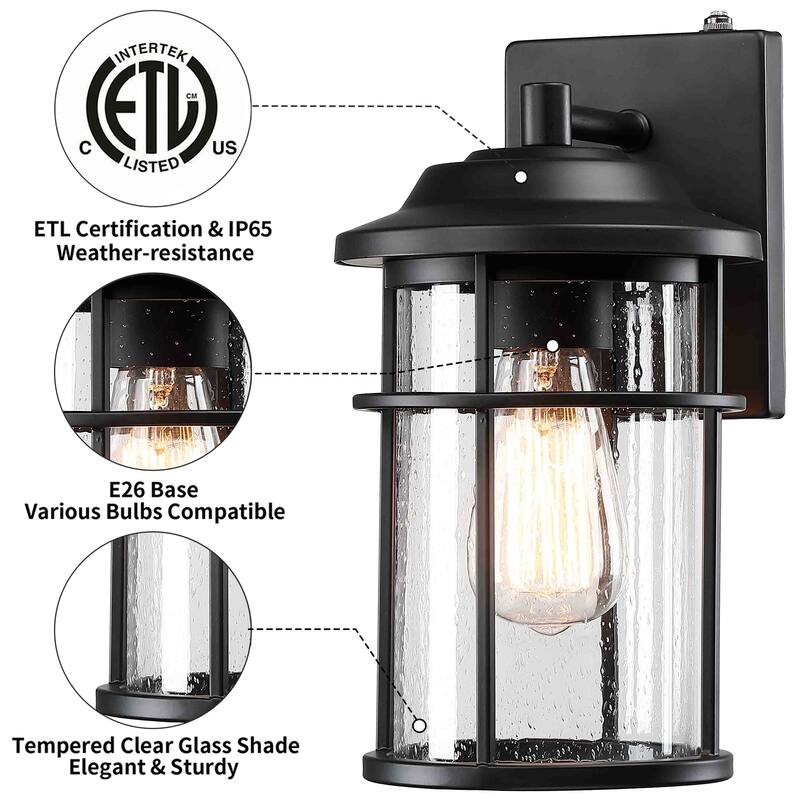 1-Light Seeded Glass Outdoor Wall Lantern With Dusk To Dawn - Matte Black