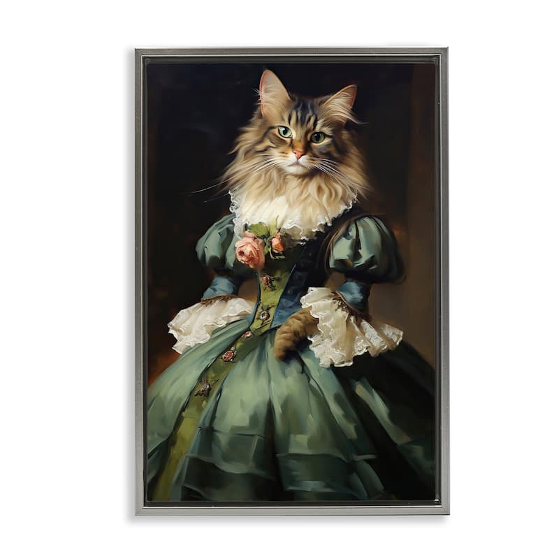 Stupell Cat in Elegant Dress Framed Floater Canvas Wall Art Design By Wumples - 21 x 31 - Grey