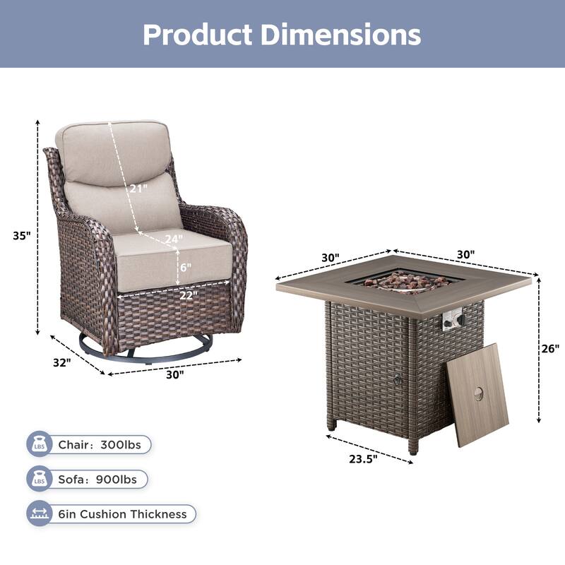 Arcadia 5-Piece Patio Conversation Set with 4 Swivel Glider Chairs and Wicker Square Fire Pit