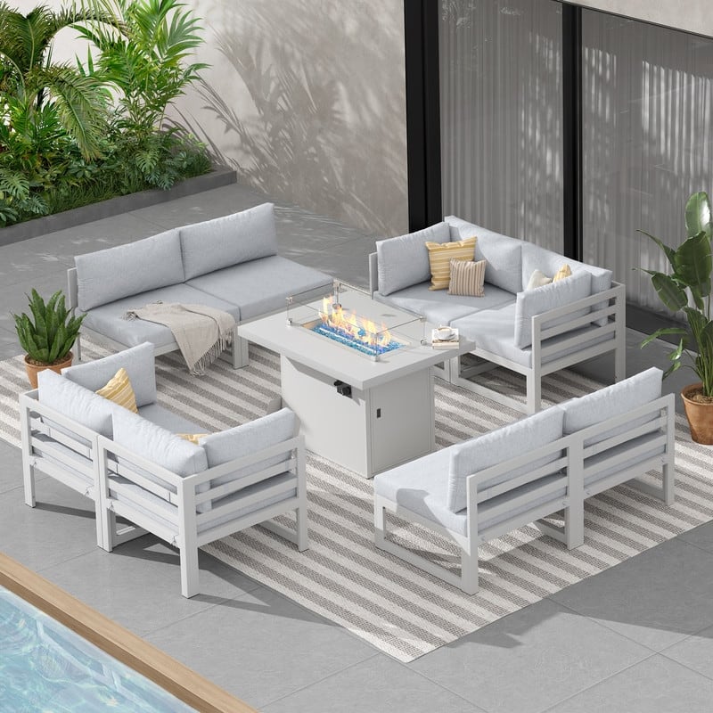 9-Piece Aluminum Outdoor Furniture Set With Fire Pit Table Propane/Natural Gas 60,000 BTU, Extra Large Aluminum Patio Sectional