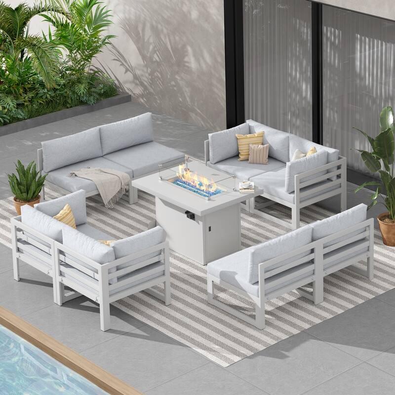 9-Piece Modern Aluminum Outdoor Furniture Set With Fire Pit Table Propane/Gas 60,000 BTU, Extra Large Aluminum Patio Sectional - White Frame - Light Gray