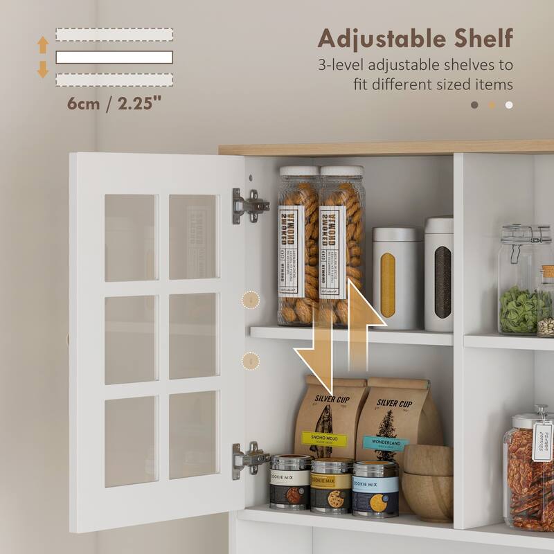 72" Freestanding Storage Cabinet with Hutch, Large Countertop, Glass Doors and Adjustable Shelves