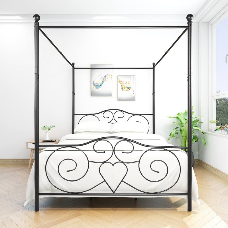 Black Metal Canopy Bed Frame, Queen Platform Bed with Steel Slat Support, No Box Spring Needed, Easy Assembly