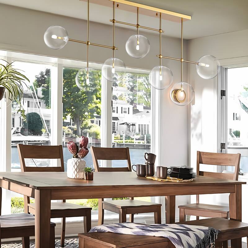 Glass Globe 7-Light Chandelier 57.5" Orb Linear Kitchen Island Lights in Black or Gold
