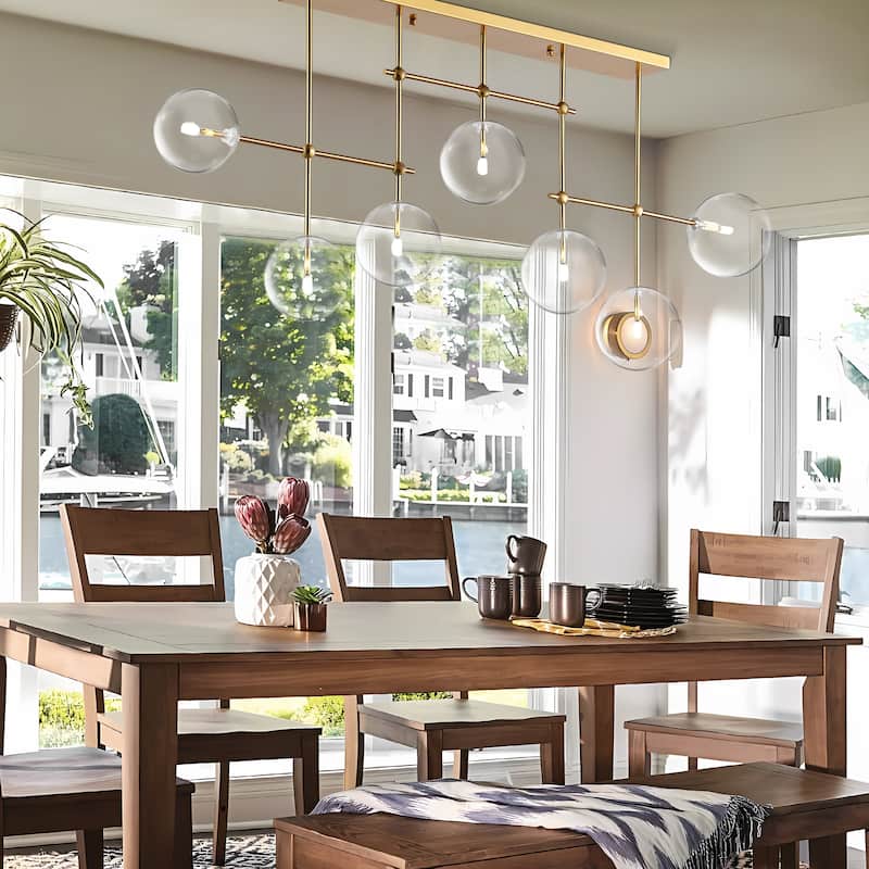 Glass Globe 7-Light Chandelier 57.5" Orb Linear Kitchen Island Lights in Black or Gold - Gold