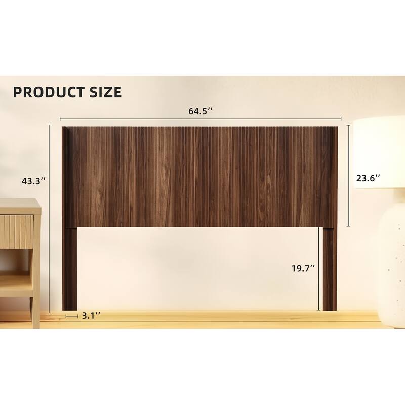 Modern Farmhouse Queen Wood Headboard, Walnut Finish, Wall Mounted with 3D Carving Design