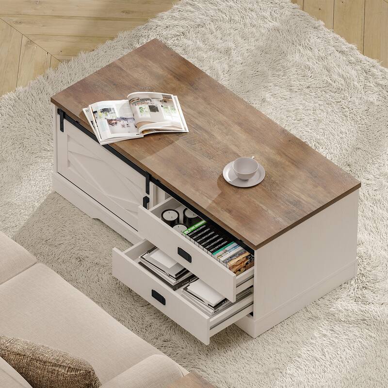 WAMPAT Rustic Coffee Table with Drawer and Storage