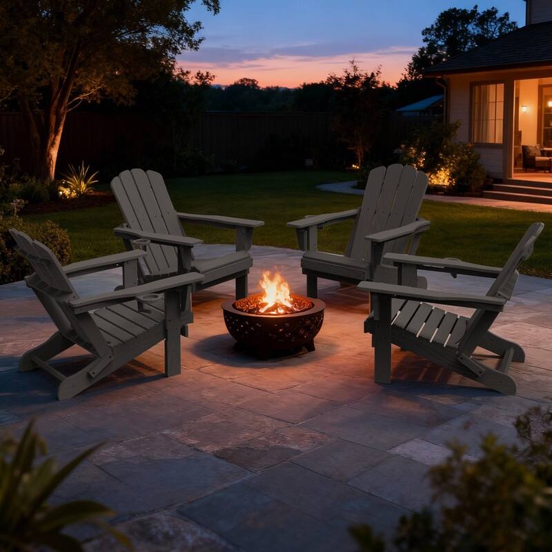 Domi Folding Adirondack Chair,Wooden Textured with Cup Holder,HDPE