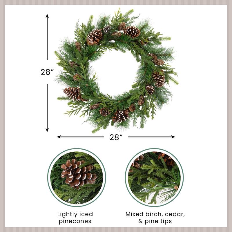 Mixed Birch and Cedar Iced Pinecone Artificial Christmas Wreath - 28" - Unlit