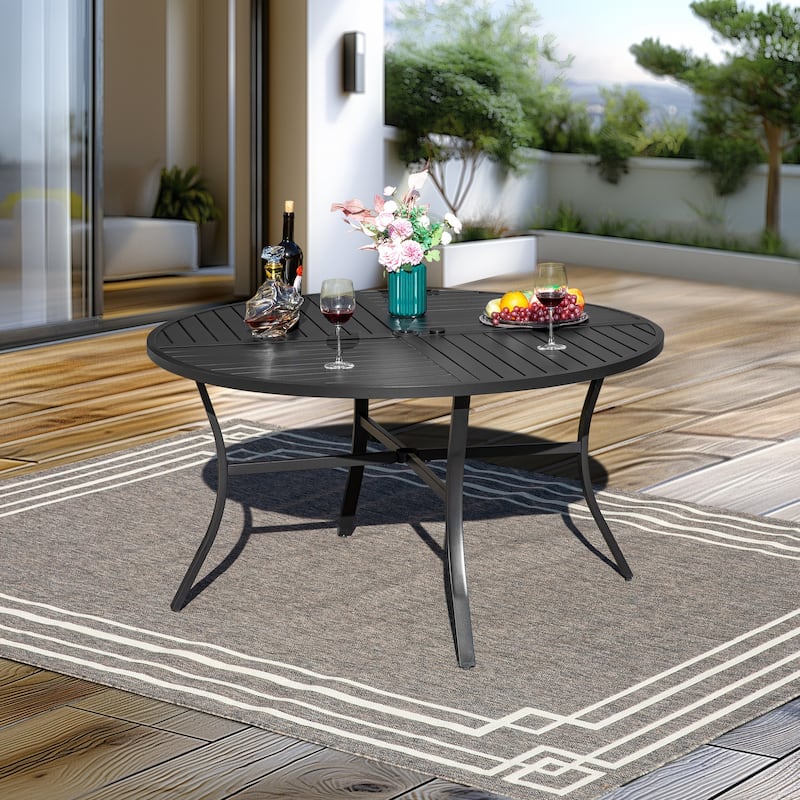 MAISON ARTS 7-Piece Patio Dining Set for 6, Large Round Dining Table with Umbrella Hole & Textilene Dining Chairs