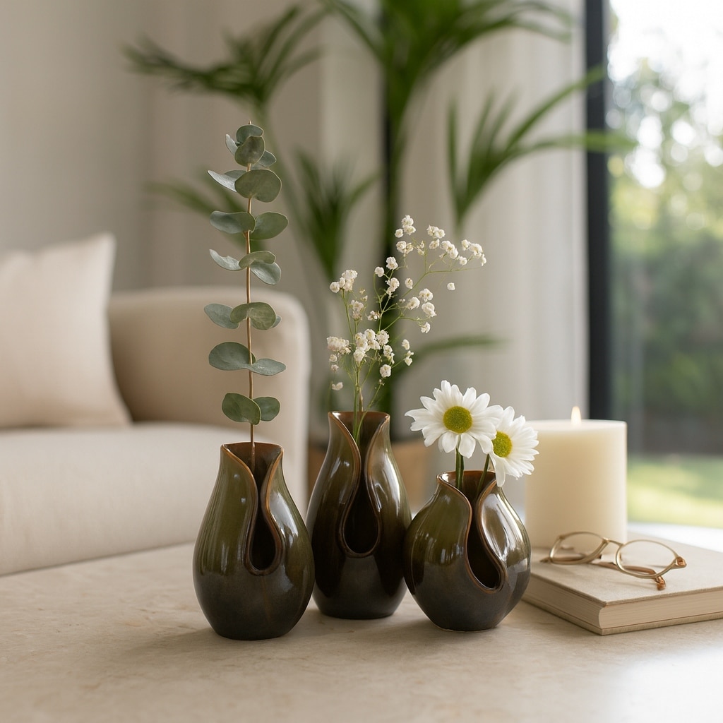 Decorative Vases Set of 3 - Green Ceramic Sculptural Design, 5/7/8 in.