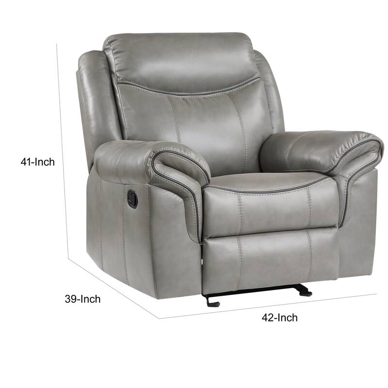 Max 42 Inch Manual Recliner Chair, Gray Faux Leather, Solid Wood, Metal