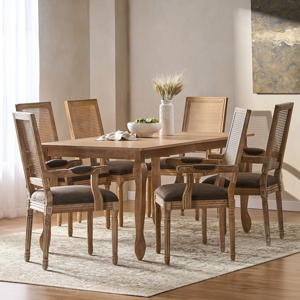 Marlette Wood and Cane Upholstered Expandable 7 Piece Dining Set by Christopher Knight Home