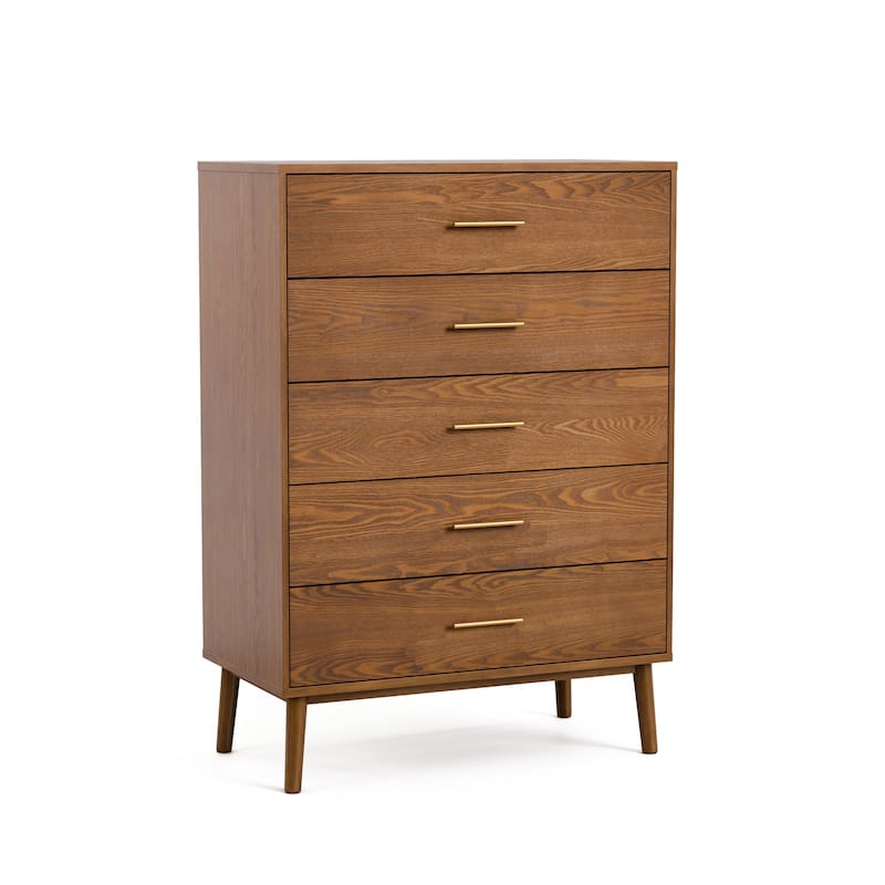 Furniture of America Beau Midcentury Walnut 5-Drawer Chest with Interlocking Drawers