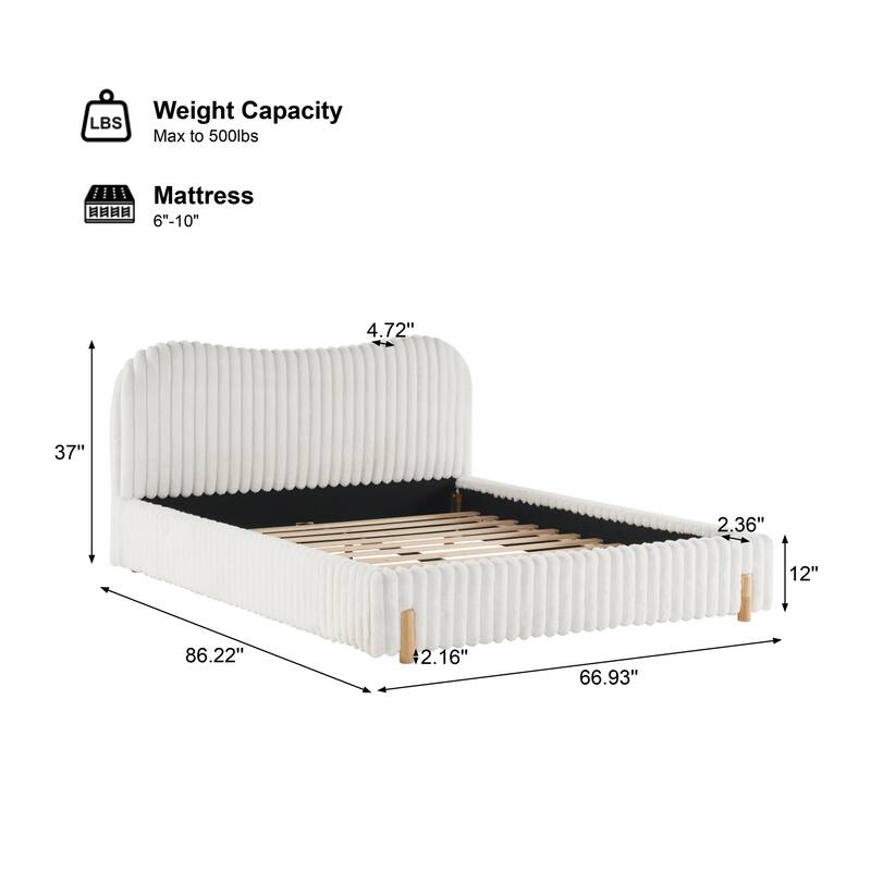 Roomfitters White Boucle Upholstered Bed, Wavy Headboard with Vertical Stitching