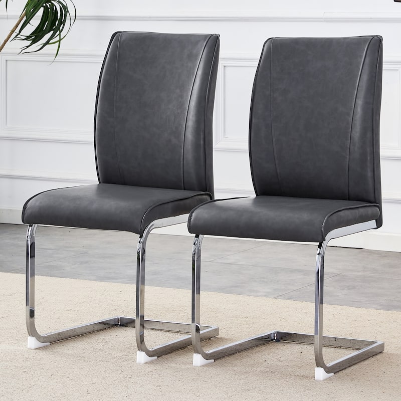 Roomfitters Arch Dining Chairs with Dark Gray PU and Silver Arched Legs, Crazy Horse Texture Set of 2