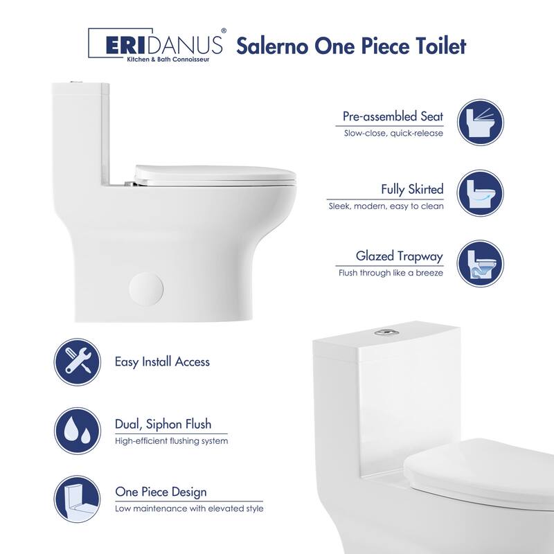 Eridanus Salerno Compact Elongated One Piece Toilet, Chair Height, 12-inch Rough in, Seat Included