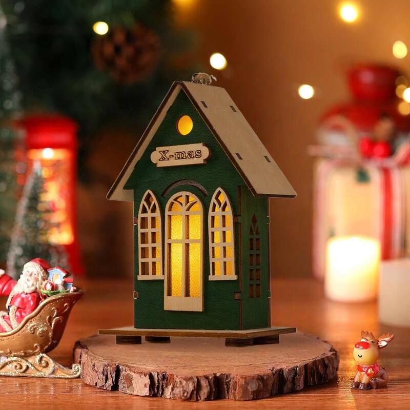 Christmas Village Holiday Lighted Wood House Decor - Battery Operated, Red/Green - 5.11'' H X 3.14'' W X 1.96'' D - Green
