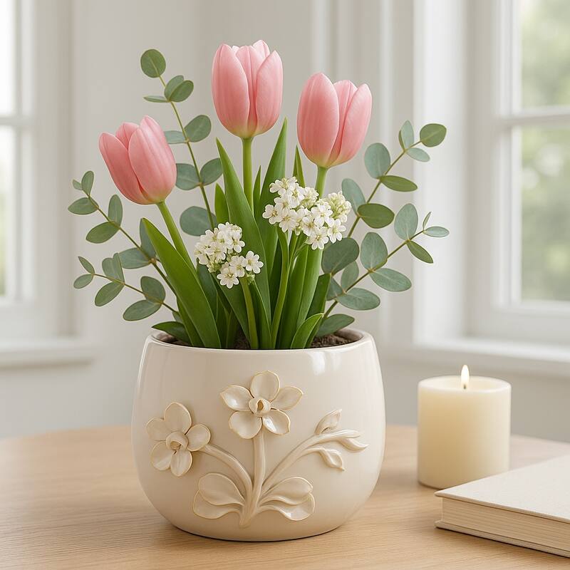Decorative Ceramic Flower Planter with Flower Applique - Ivory