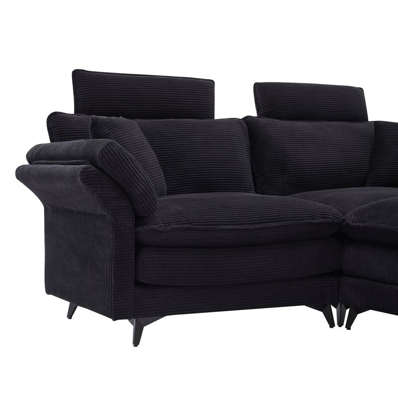 85.8'' Modern Corduroy Upholstered Sectional Sofa with Ottomans, Black