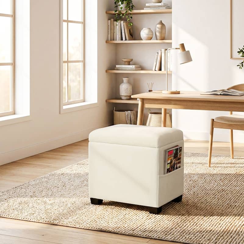 Adeco 16" W Upholstered Rectangle Storage Ottoman with Tray and Pocket