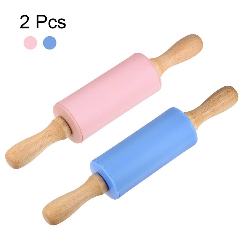 Silicone Rolling Pins for Baking Wood Handle 23.5cm x 4.2cm Blue & Pink - Blue & Pink
