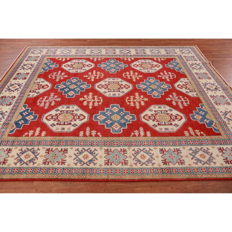 Hand Knotted Oriental 100% Wool Carpet Traditional Geometric Red Kazak Area Rug - 9' 8'' X 7' 11''