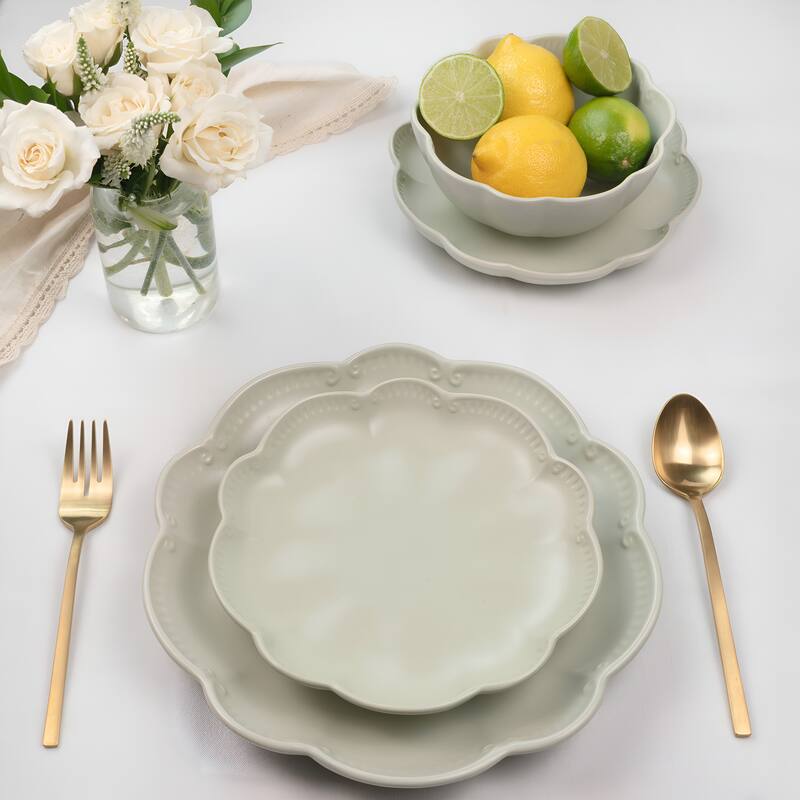 Sango Bethany 12-Piece Stoneware Dinnerware Set - Service for 4, Scalloped Plate & Bowl Set