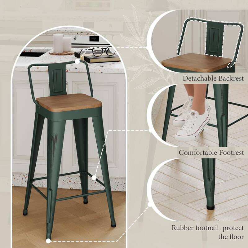 Industrial Style Bar & Counter Stools with Metal Frame Kitchen 26" and 30" Seat Height Stools with Low Back and Wooden Seat
