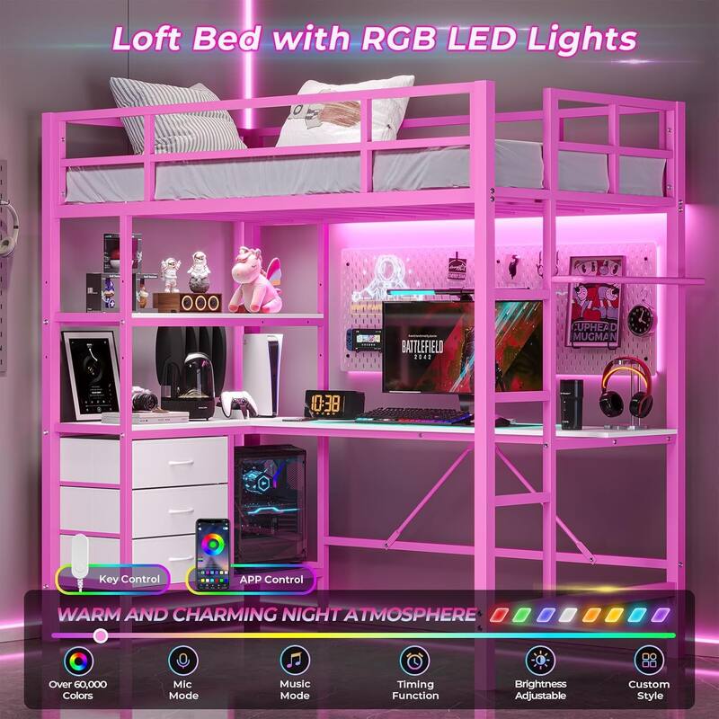 Loft Bed with L-Shaped Desk Charging Station Metal LED Lights 3 Fabric Drawers