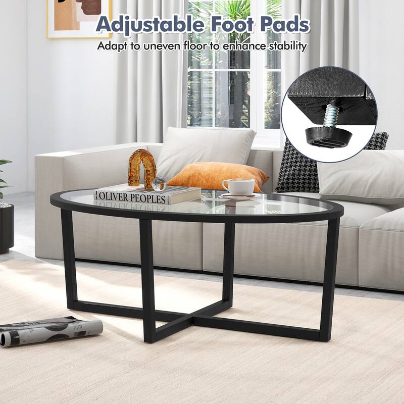 Gymax Modern Glass Coffee Table w/ Cross Base & Acacia Wood Legs for