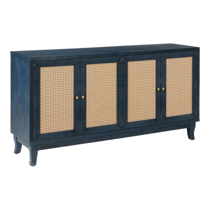 HomeRoots 60" Blue Wood And Rattan Distressed Sideboard with Four Doors - 59.8' X '32.3' X '15.6