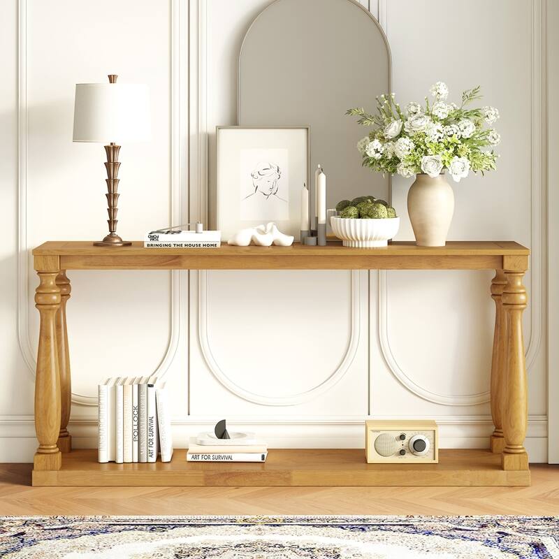 Vintage Wood Grain Console Table with Bottom Shelf and Four Vase Legs - Natural