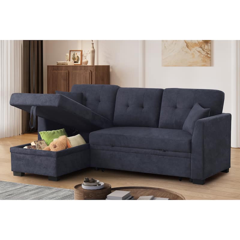 Sectional Sofa Bed, Dark Blue, Wood+Fabric, Space-saving