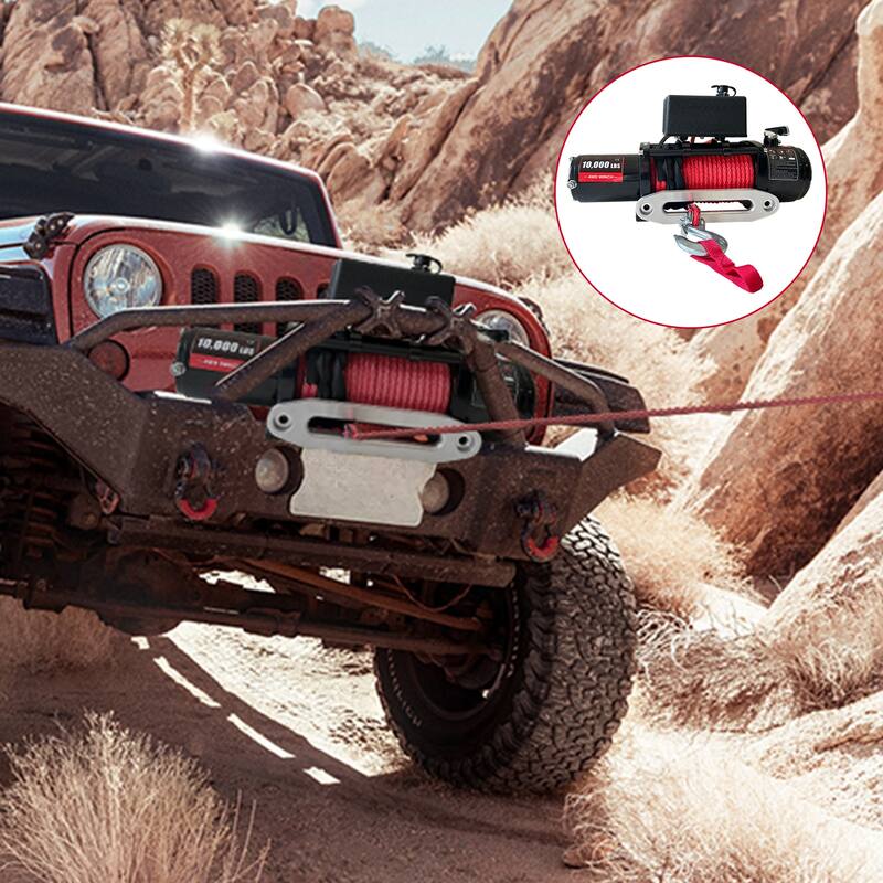 85ft Red Synthetic Rope Electric Winch with Wireless Handheld Remote - 10000lbs