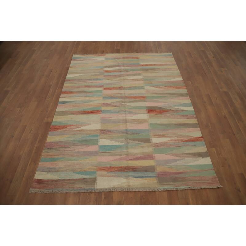Hand Woven Oriental 100% Wool Carpet Southwestern Modern Multi-Colored Kilim Area Rug - 6' 7'' X 4' 10''