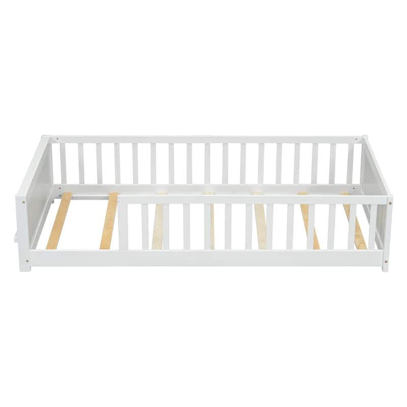 Twin Size Pine Wood Floor Platform Bed with Fence