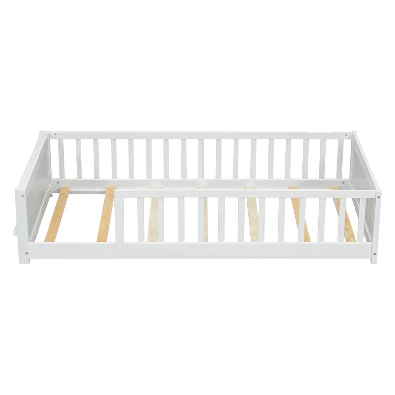 White Twin Pine Floor Bed with Book Storage Rack & Fence