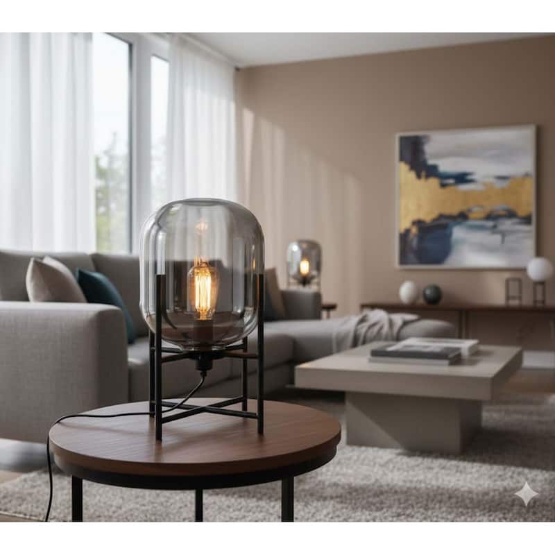 1 Light Black Metal Base Table Lamp with Smoke Glass Shade