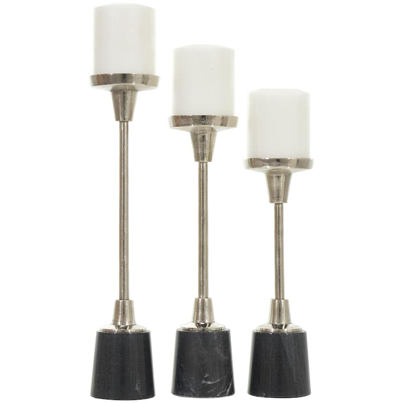 Aluminum Metal Slim Candle Holder with White Marble Base - Set of 3 Gold or Silver - Roche River Decor