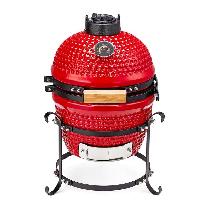 13 In. Kamado Ceramic Charcoal Grill In Red With Grill Stand