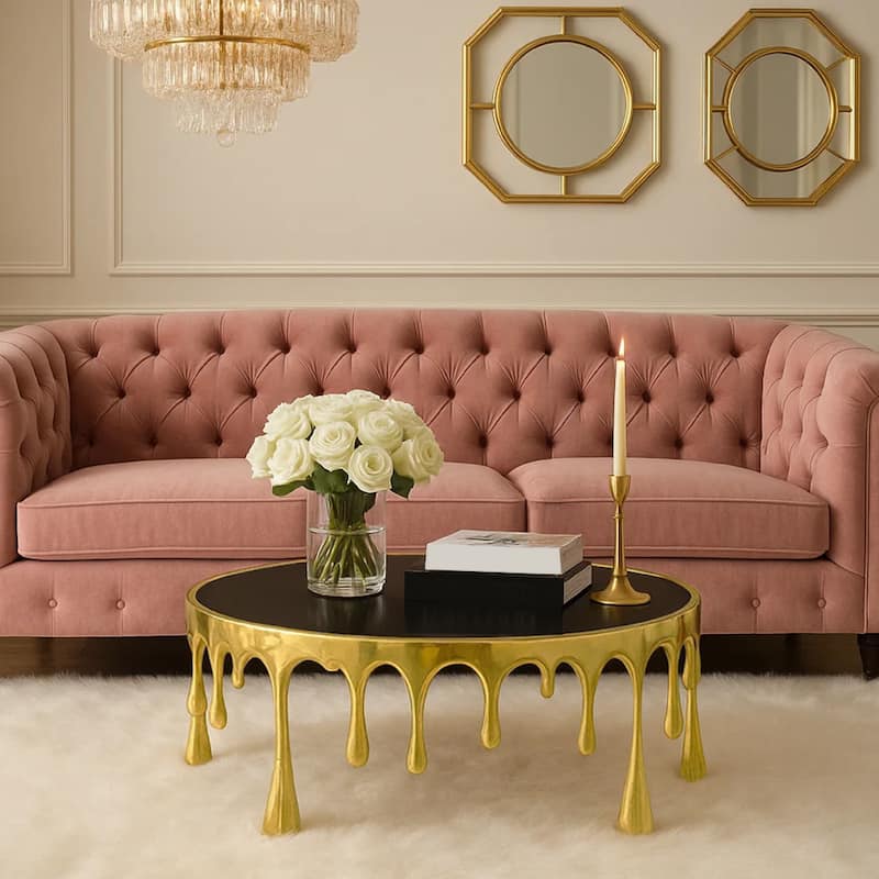 Capri Coffee Table, 36 Inch Round Glass Top, Melting Drip Design, Antique Gold - Gold, Black