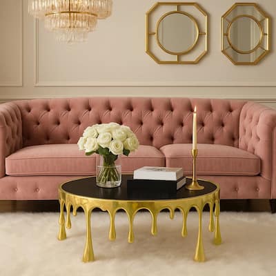Capri Coffee Table, 36 Inch Round Glass Top, Melting Drip Design, Antique Gold