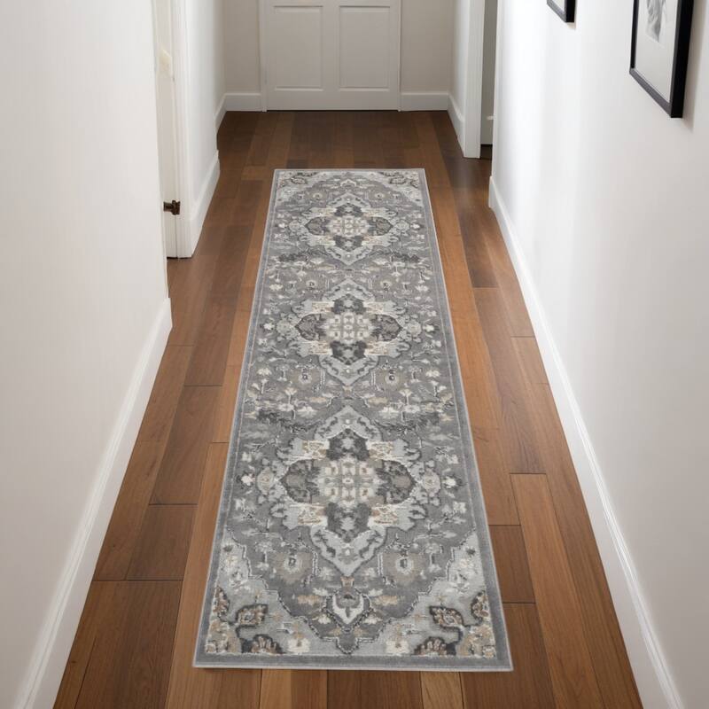 Power Loomed Abstract Floral Non Skid Stain Resistant Low Pile Area Rug - 90' X '27' X '0.25 - 90' X '27' X '0.25 - Black - Runner