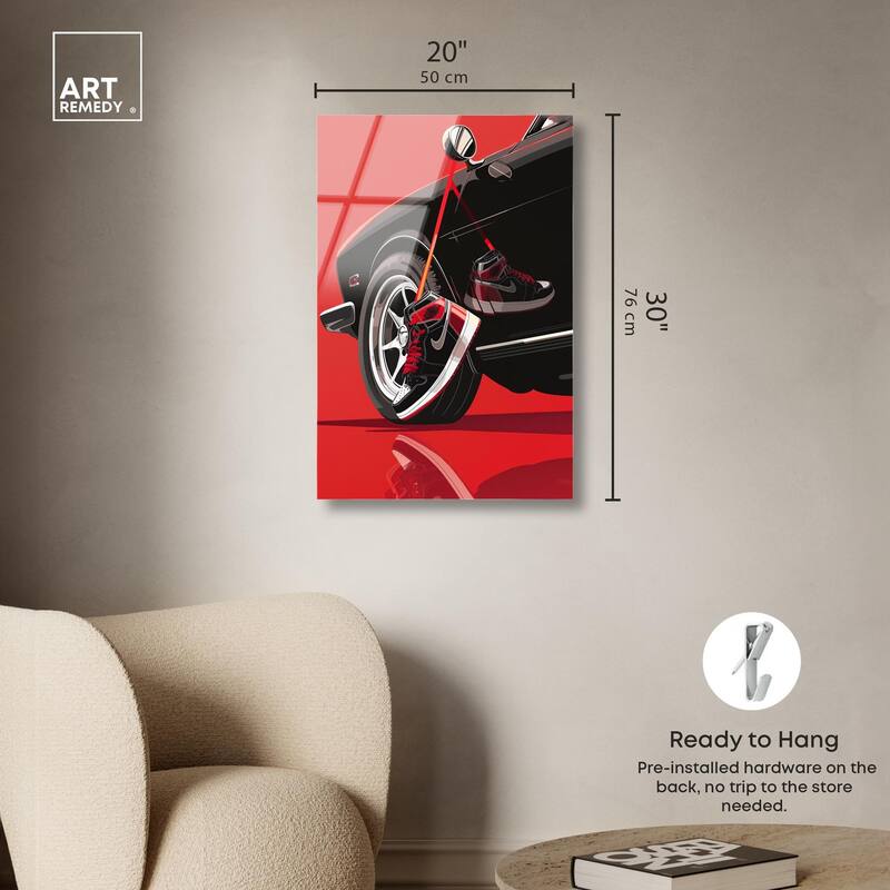 Red Bold Sneaker and Car Acrylic by Art Remedy, Ready to Hang