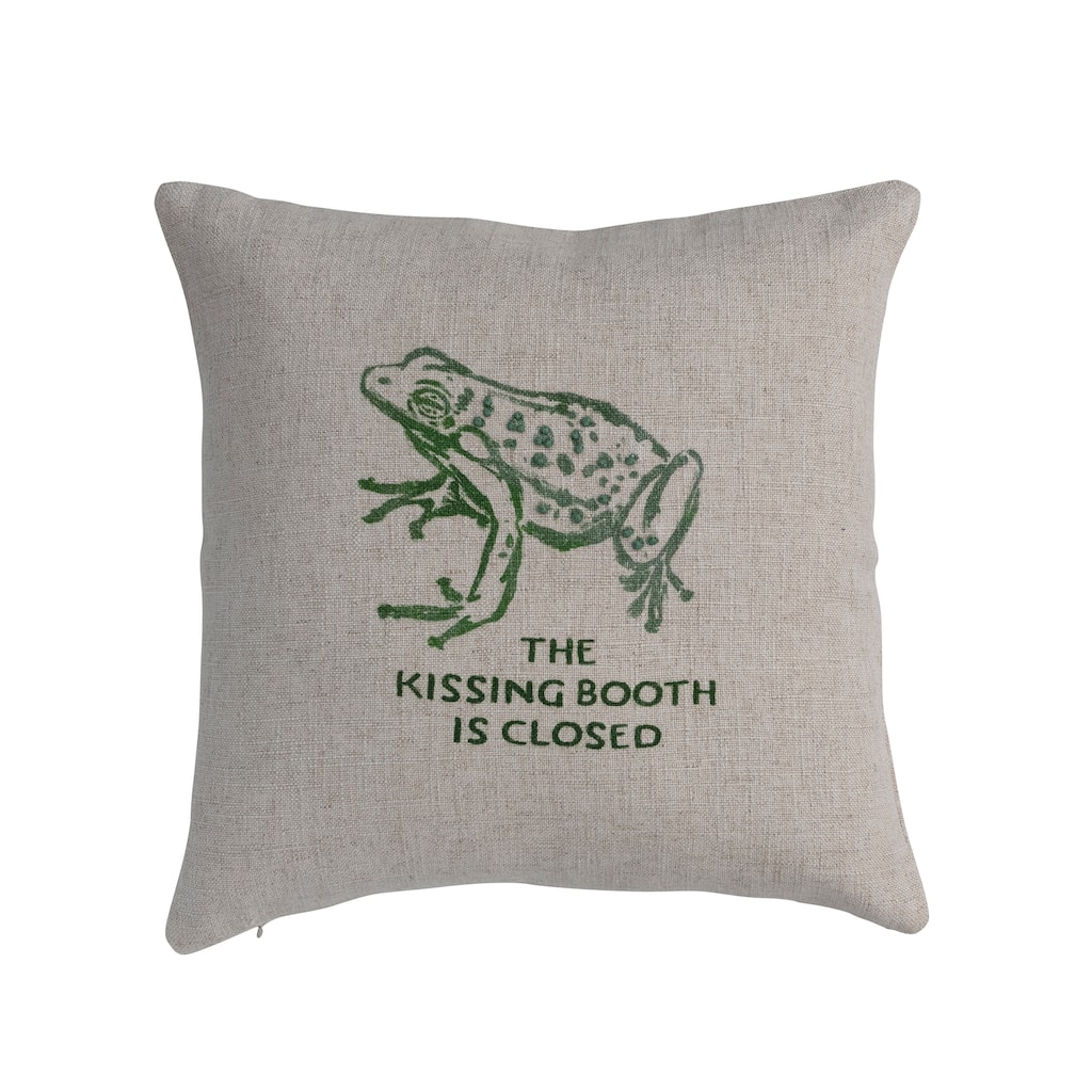 16" Linen Blend Pillow with Frog and "The Kissing Booth is Closed" Prints - 16.0"L x 16.0"W x 0.3"H