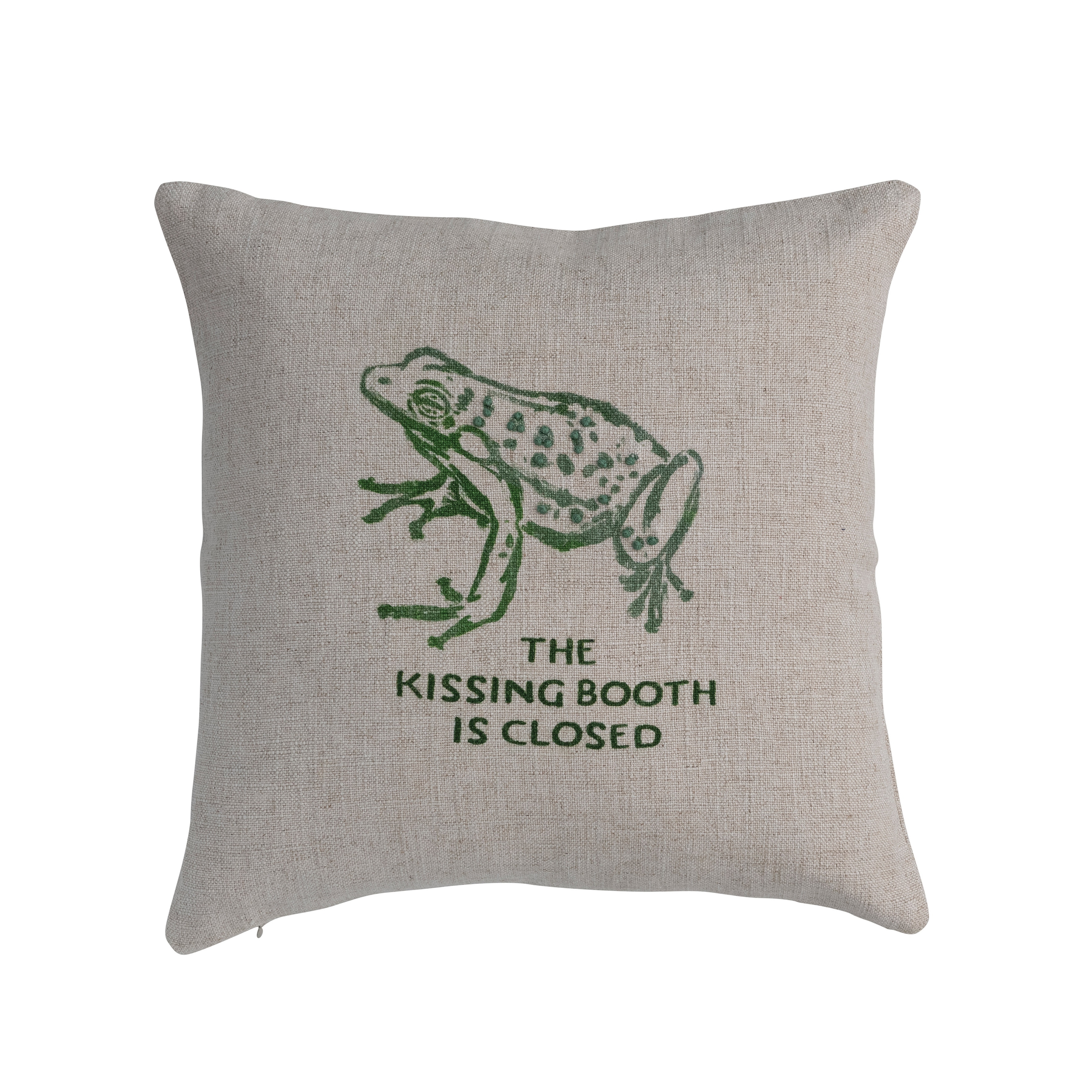 16" Linen Blend Pillow with Frog and "The Kissing Booth is Closed" Prints - 16.0"L x 16.0"W x 0.3"H