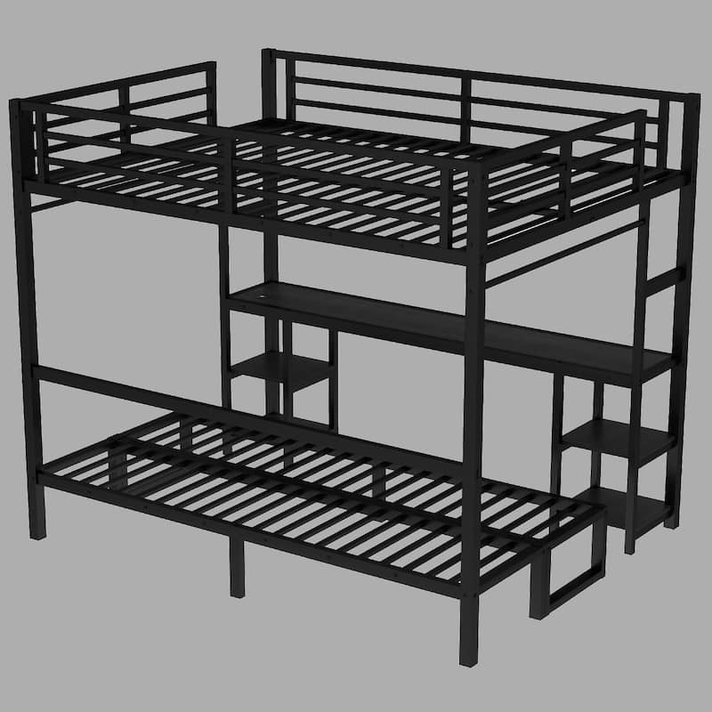 Multi-Functional Queen Over Twin XL Bunk Bed with Desk, Sofa Conversion, LED, USB, and Storage - Black - Queen