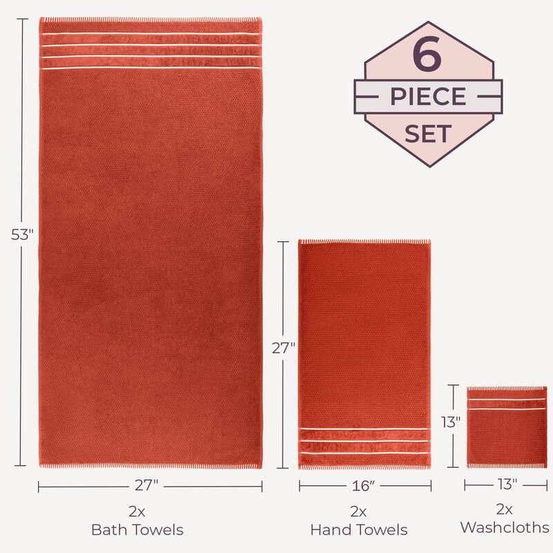 6-Piece Towel Set - Combed Cotton Rice Weave Bathroom Accessories by Lavish Home (Brick)