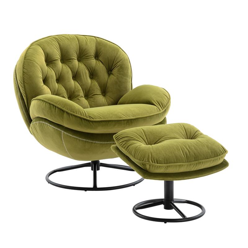 Velvet Swivel Accent Chair with Ottoman & Metal Legs (360° Rotation)